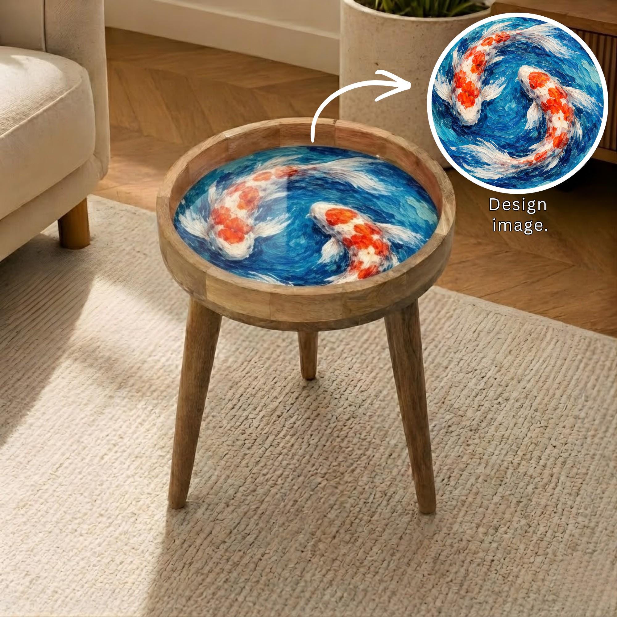 Handmade Mango Wood Side Table | Koi Fish Print Round Accent Table
