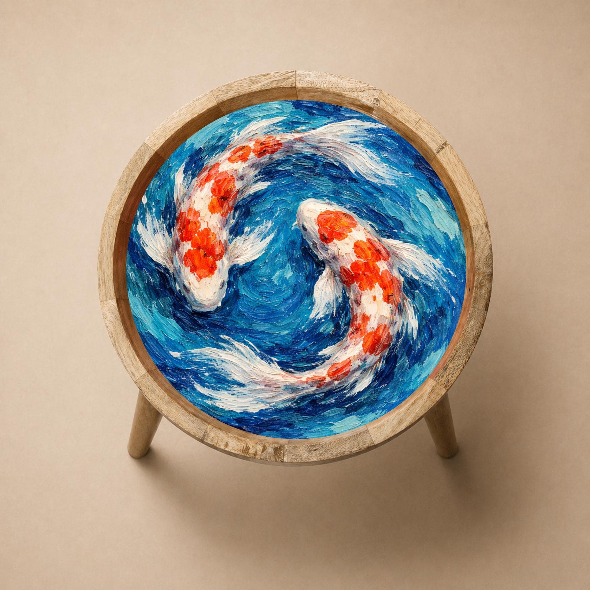 Handmade Mango Wood Side Table | Koi Fish Print Round Accent Table