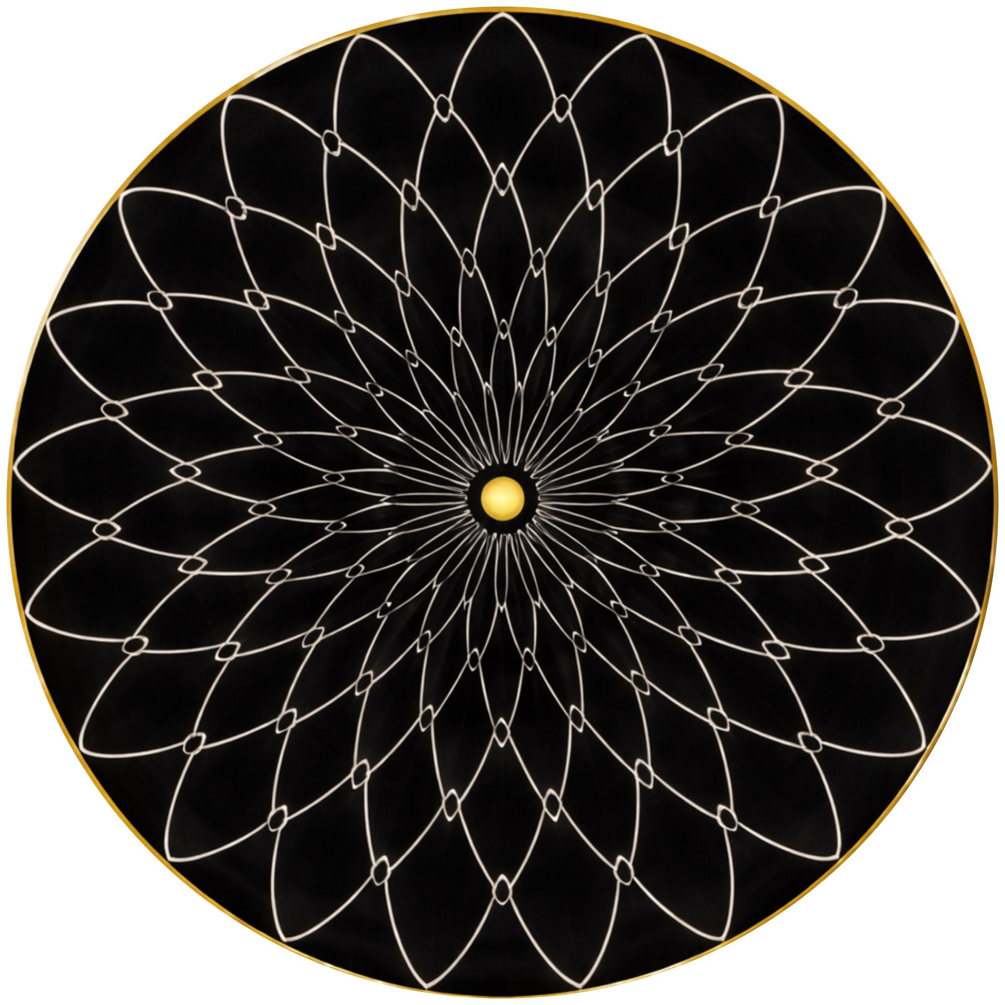 Handmade Mango Wood Side Table | Black Mandala Print Accent Table | Boho Gold Detail
