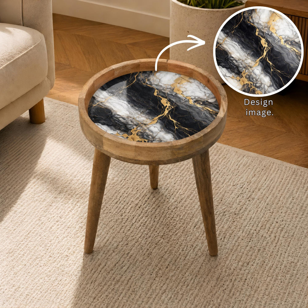 Handmade Mango Wood Side Table | Black and White Marble Print | Round Modern Accent Table