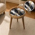 Handmade Mango Wood Side Table | Black and White Marble Print | Round Modern Accent Table