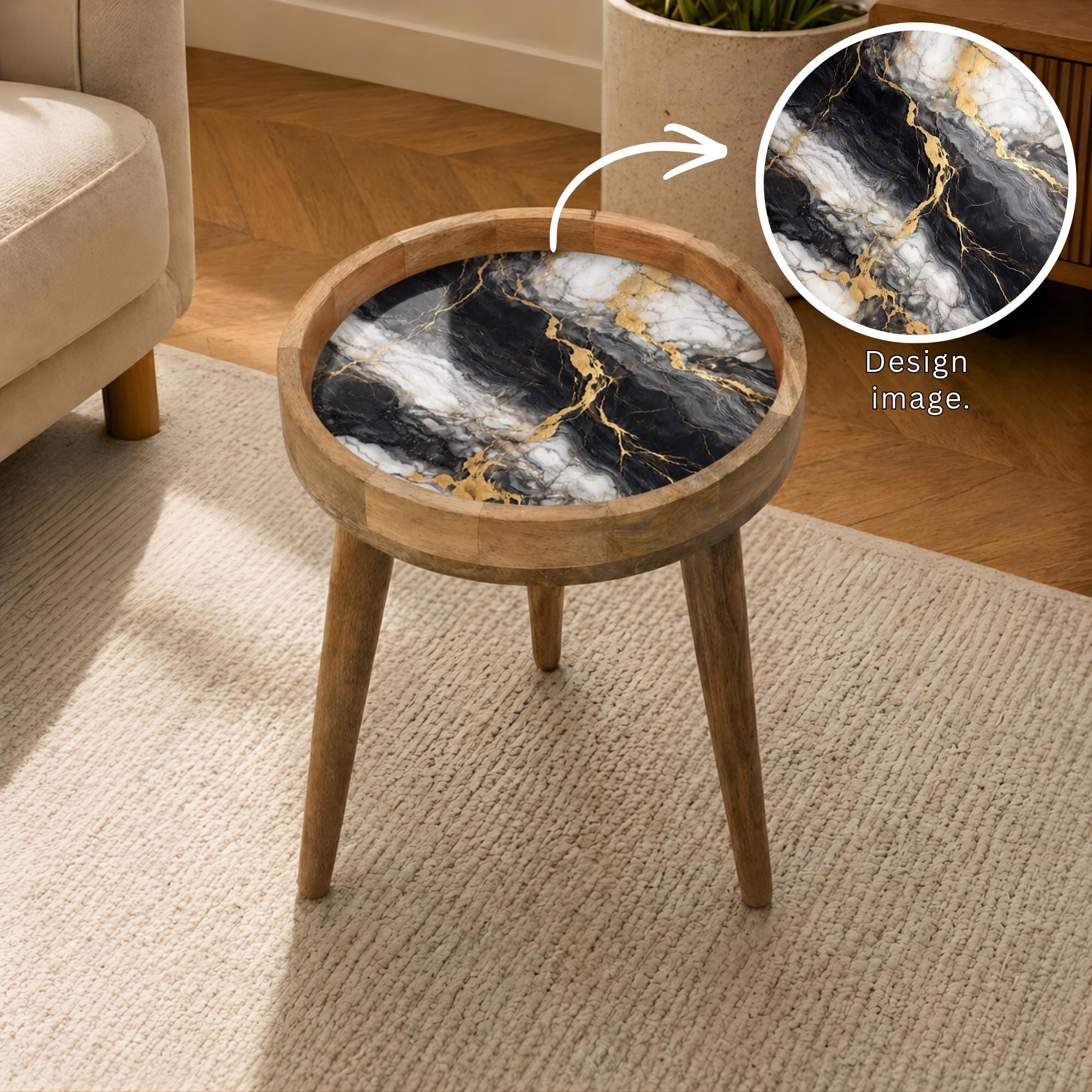 Handmade Mango Wood Side Table | Black and White Marble Print | Round Modern Accent Table