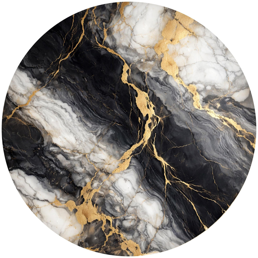 Handmade Mango Wood Side Table | Black and White Marble Print | Round Modern Accent Table