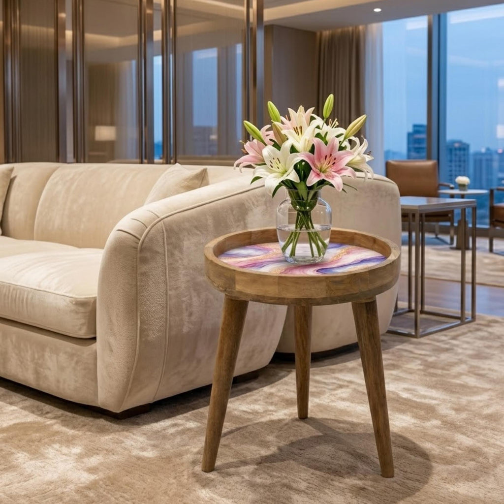 Handmade Mango Wood Side Table | Pink Blue Marble Print Accent Table