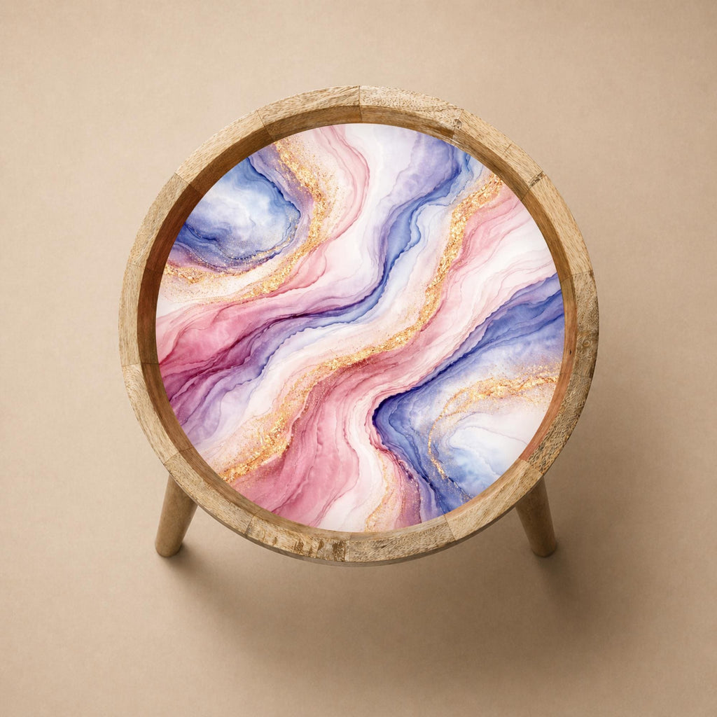 Handmade Mango Wood Side Table | Pink Blue Marble Print Accent Table