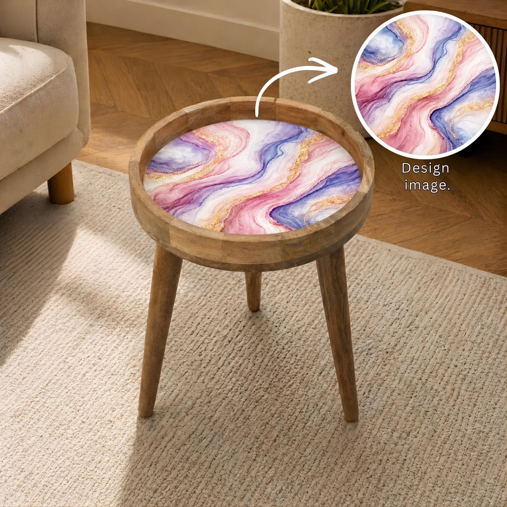 Handmade Mango Wood Side Table | Pink Blue Marble Print Accent Table