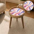 Handmade Mango Wood Side Table | Pink Blue Marble Print Accent Table