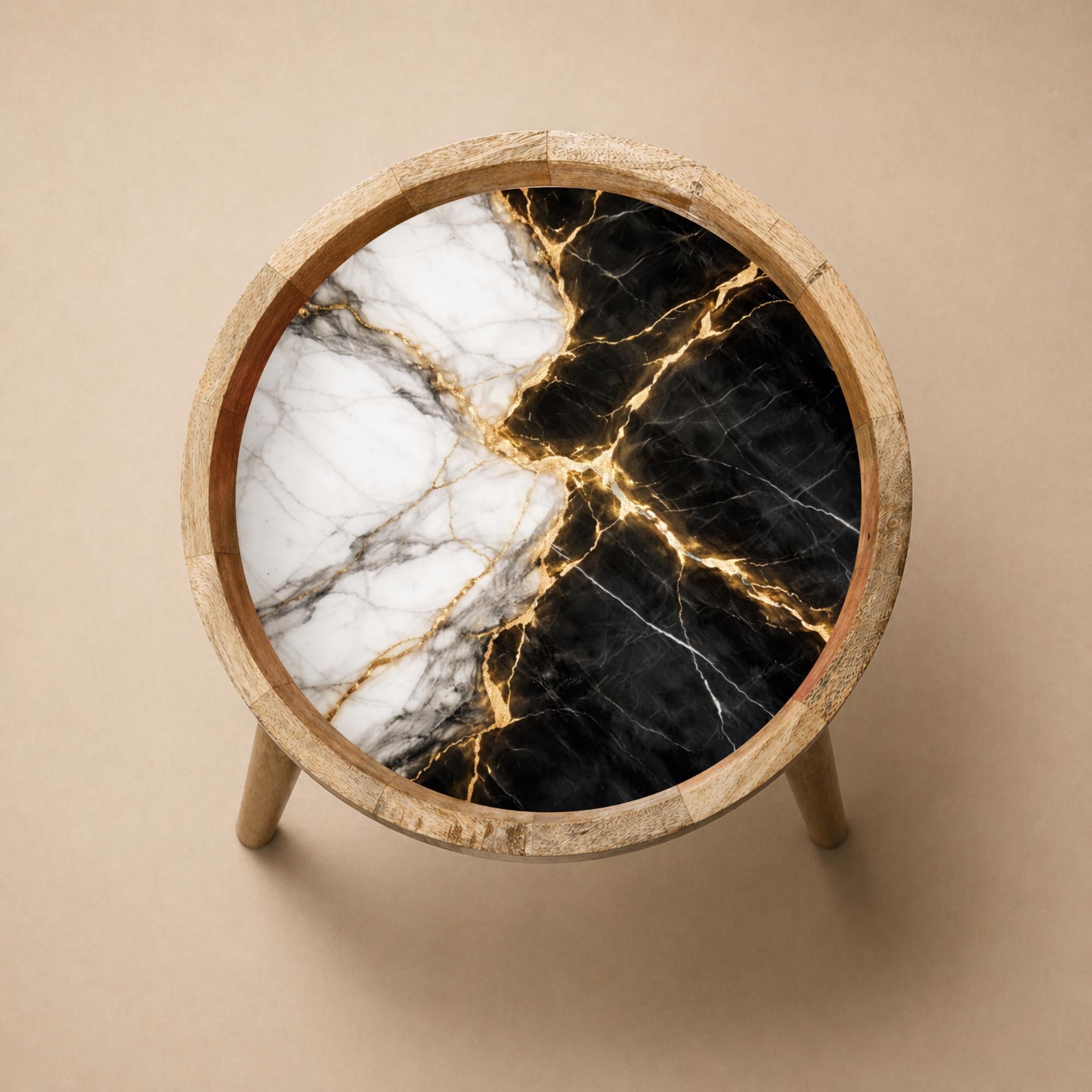 Handmade Mango Wood Side Table | Black Marble Print Gold Vein Accent Table