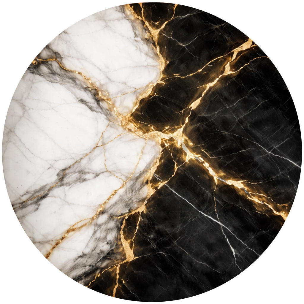 Handmade Mango Wood Side Table | Black Marble Print Gold Vein Accent Table