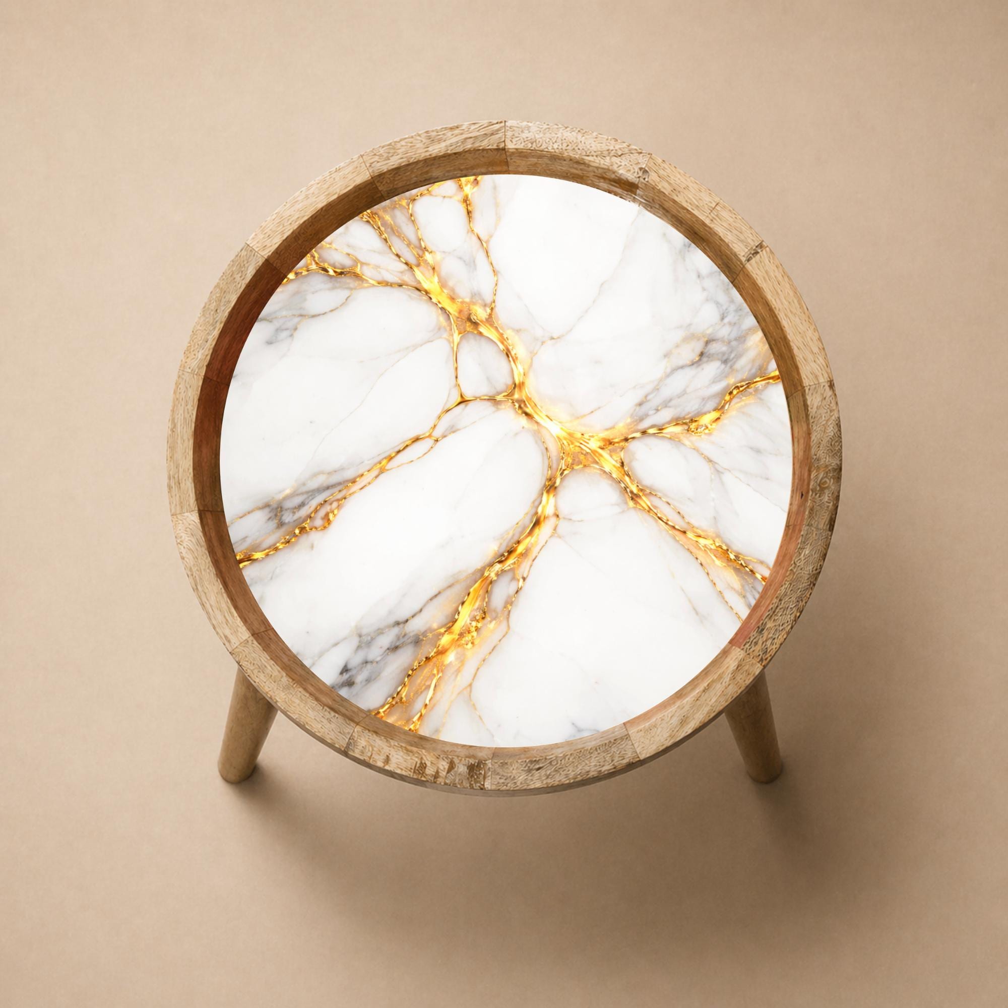 Handmade Mango Wood Side Table | White Marble Print, Gold Vein Accent Table