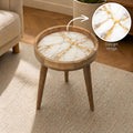 Handmade Mango Wood Side Table | White Marble Print, Gold Vein Accent Table