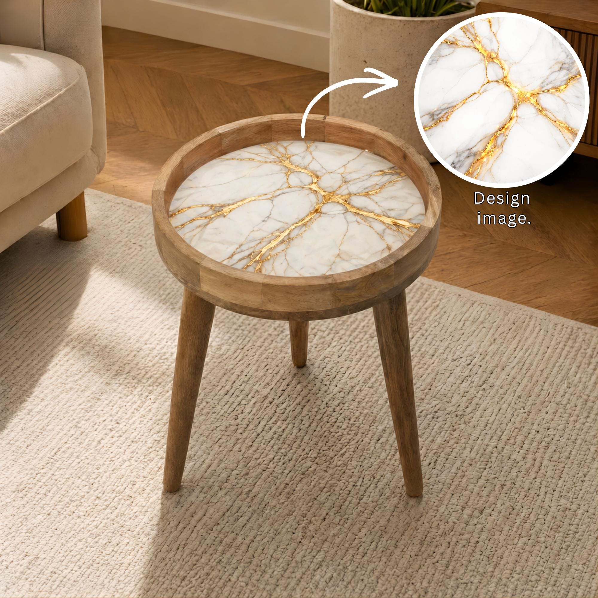 Handmade Mango Wood Side Table | White Marble Print, Gold Vein Accent Table