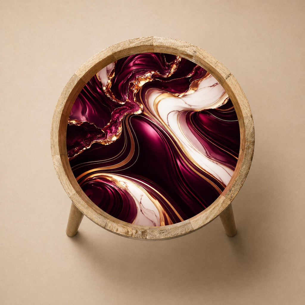 Handmade Mango Wood Side Table | Burgundy Marble Print Accent Table