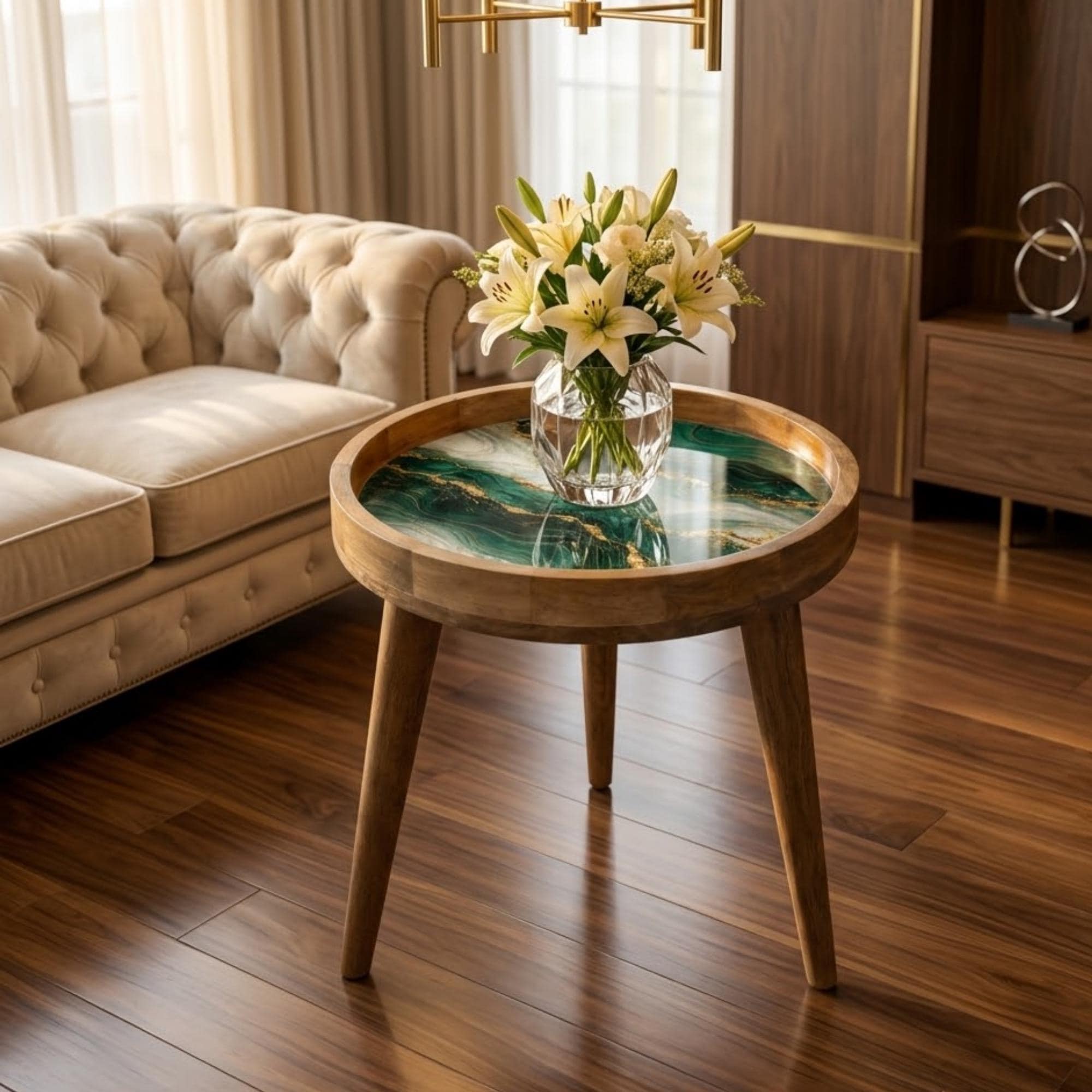 Handmade Mango Wood Side Table | Green Marble Print Round Accent Table