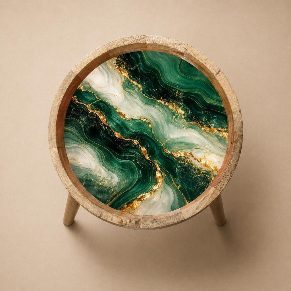 Handmade Mango Wood Side Table | Green Marble Print Round Accent Table