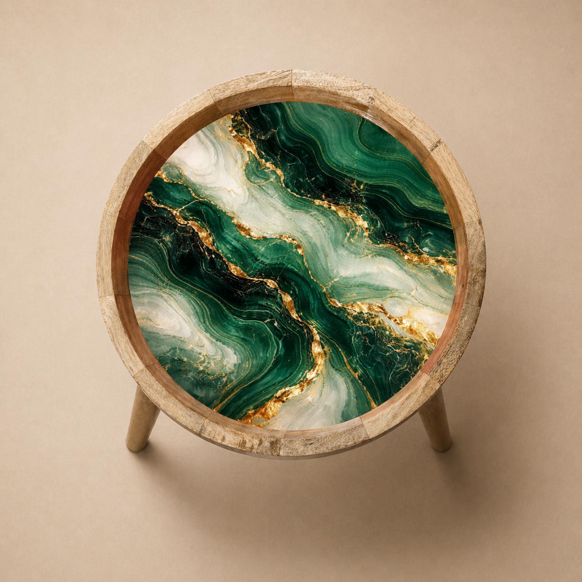 Handmade Mango Wood Side Table | Green Marble Print Round Accent Table