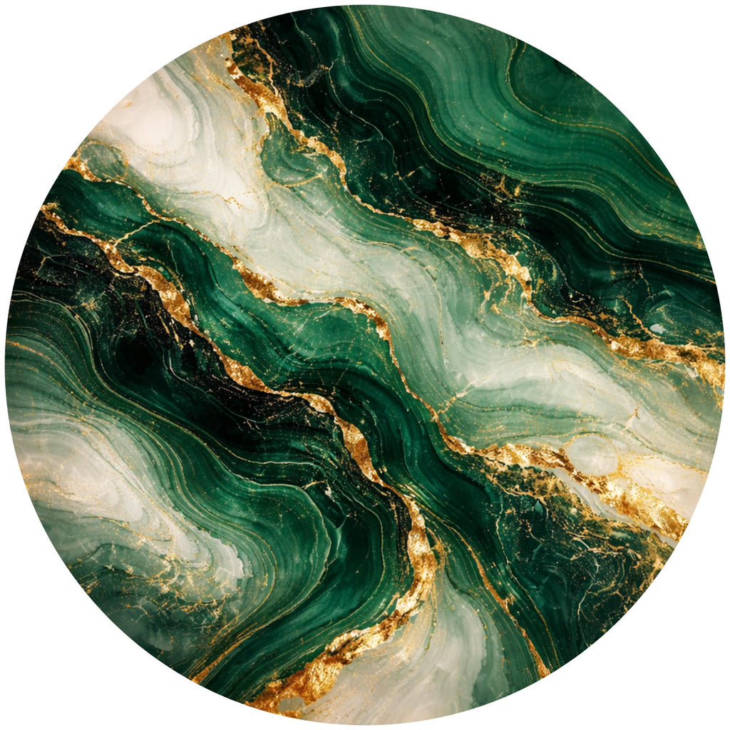 Handmade Mango Wood Side Table | Green Marble Print Round Accent Table