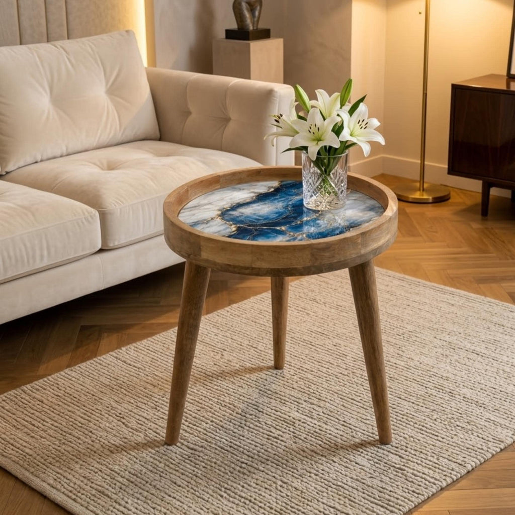 Handmade Mango Wood Side Table | Blue Marble Gold Vein Accent Table