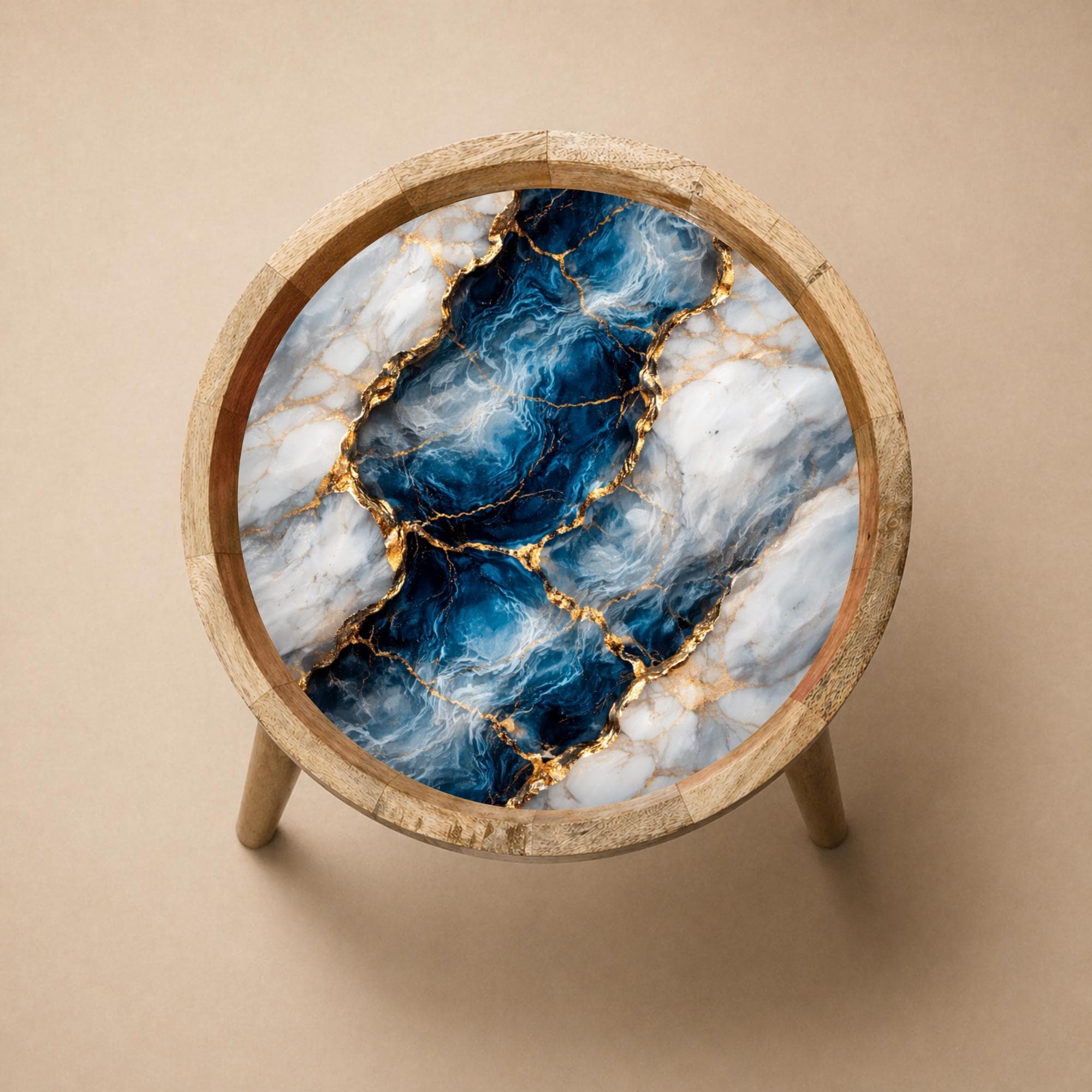 Handmade Mango Wood Side Table | Blue Marble Gold Vein Accent Table