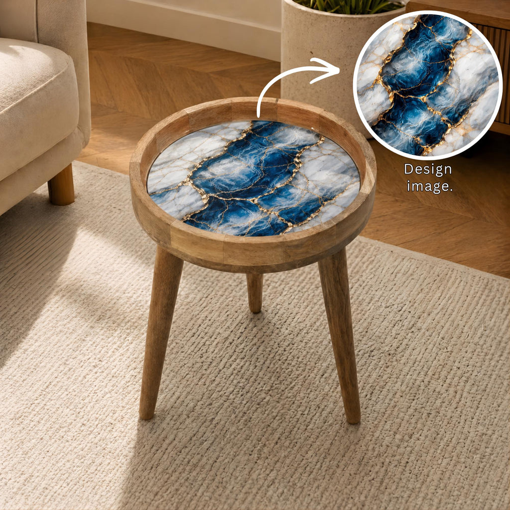 Handmade Mango Wood Side Table | Blue Marble Gold Vein Accent Table