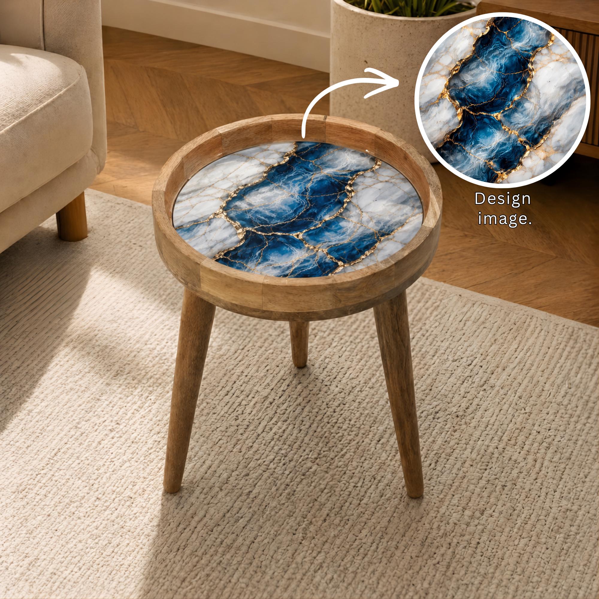 Handmade Mango Wood Side Table | Blue Marble Gold Vein Accent Table
