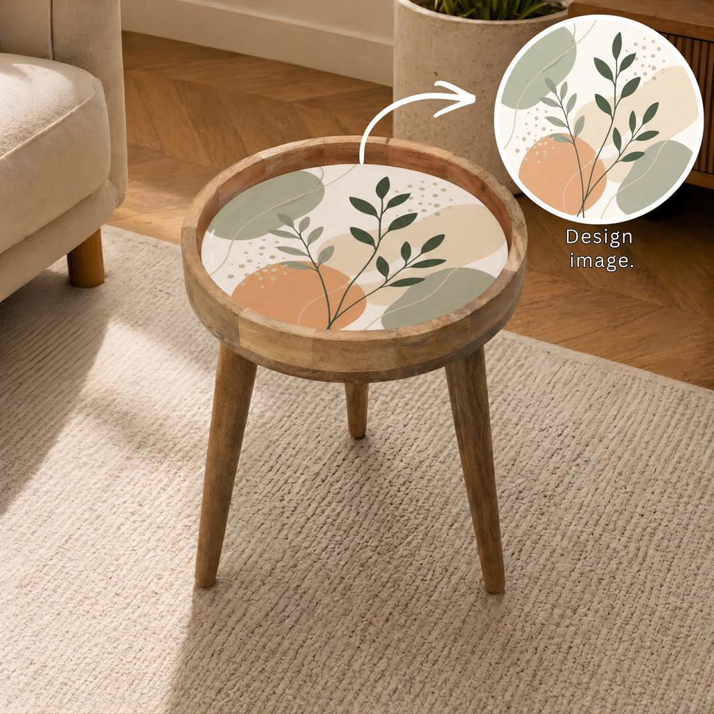 Handmade Mango Wood Side Table | Minimal Botanical Print | Round Modern Accent Table