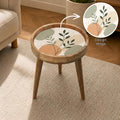 Handmade Mango Wood Side Table | Minimal Botanical Print | Round Modern Accent Table