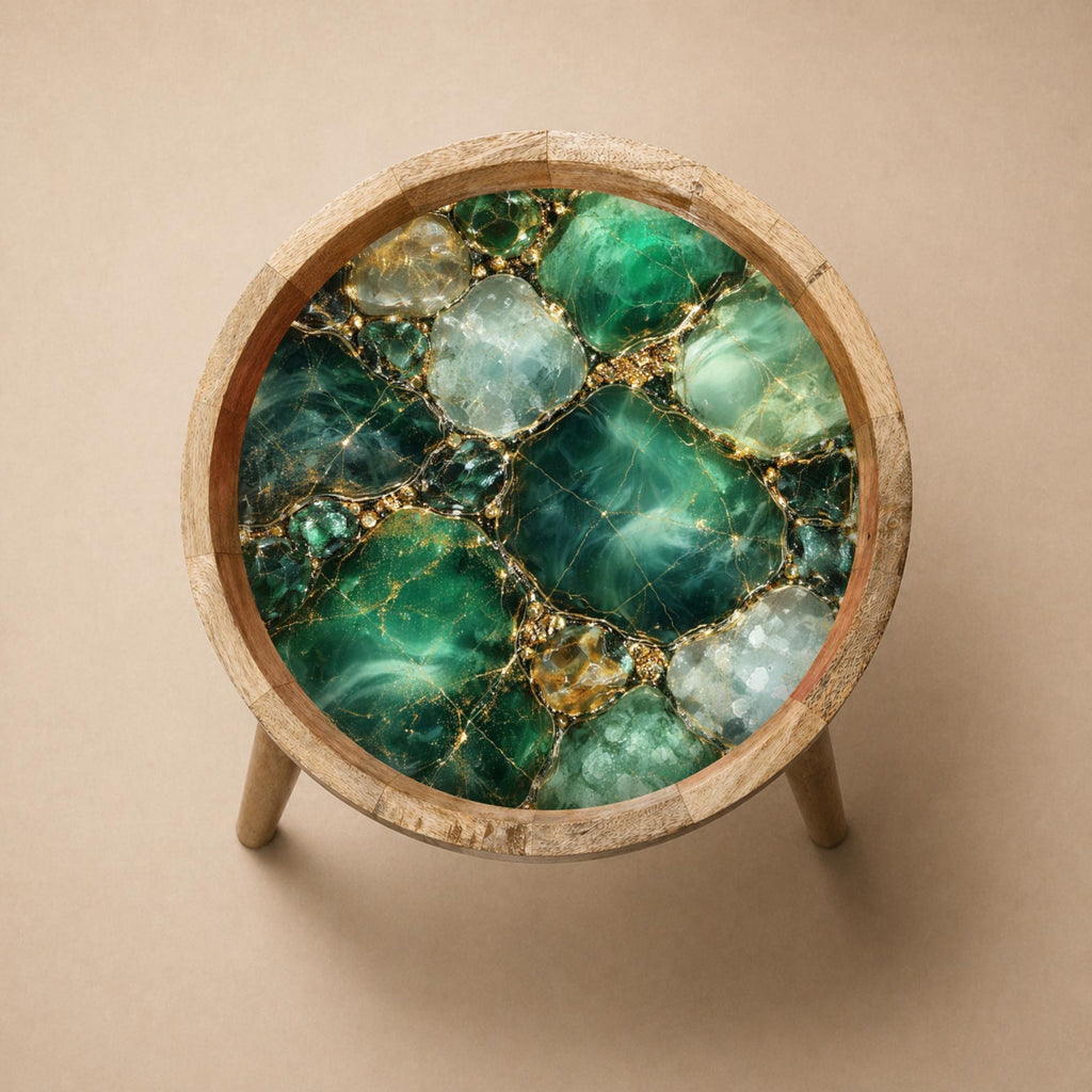 Handmade Mango Wood Side Table | Green Geode Print Accent Table