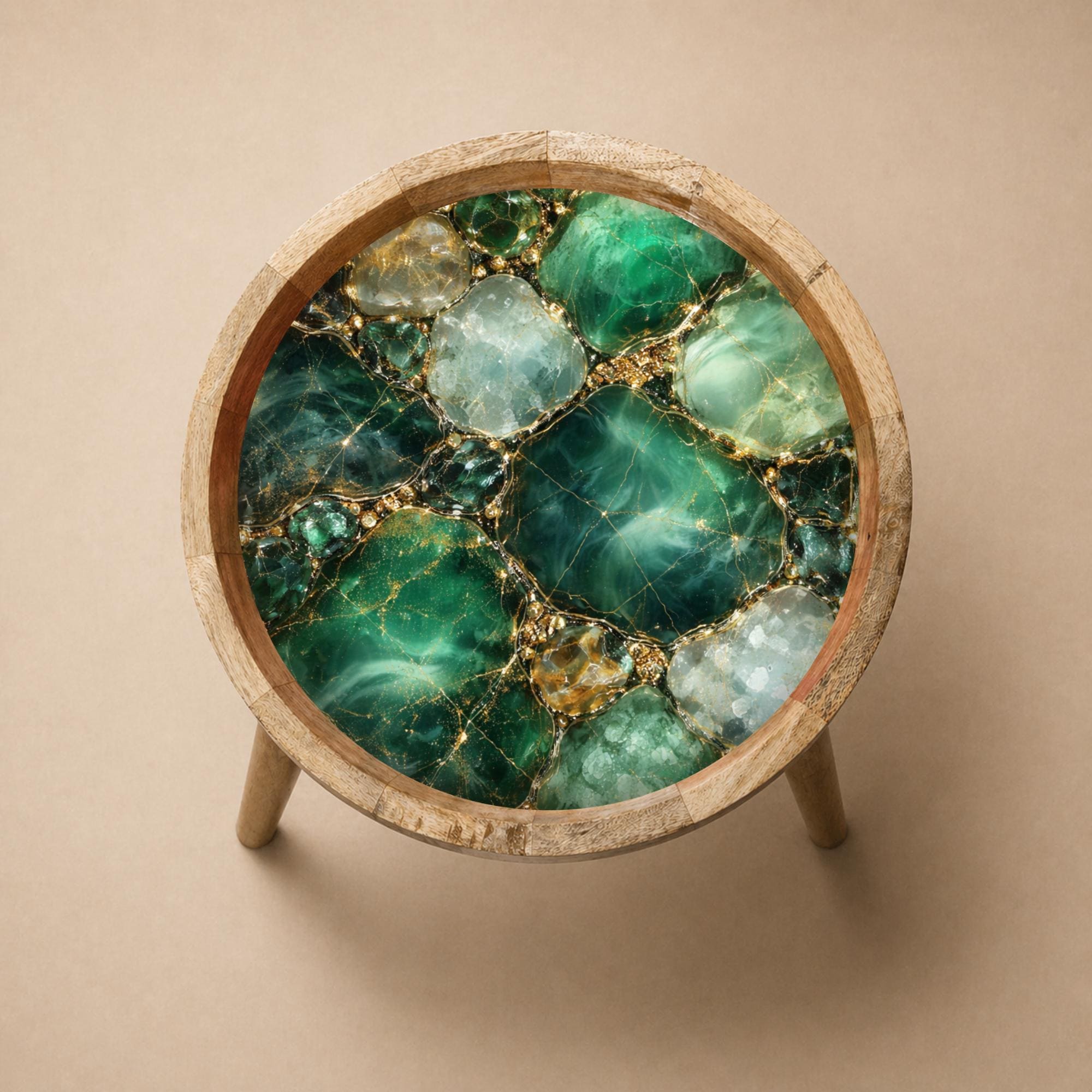 Handmade Mango Wood Side Table | Green Geode Print Accent Table