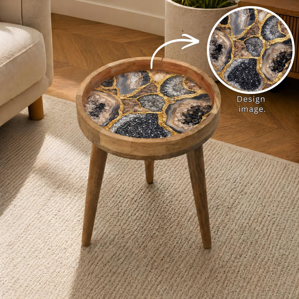 Handmade Mango Wood Side Table | Geode Crystal Print Round Accent Table