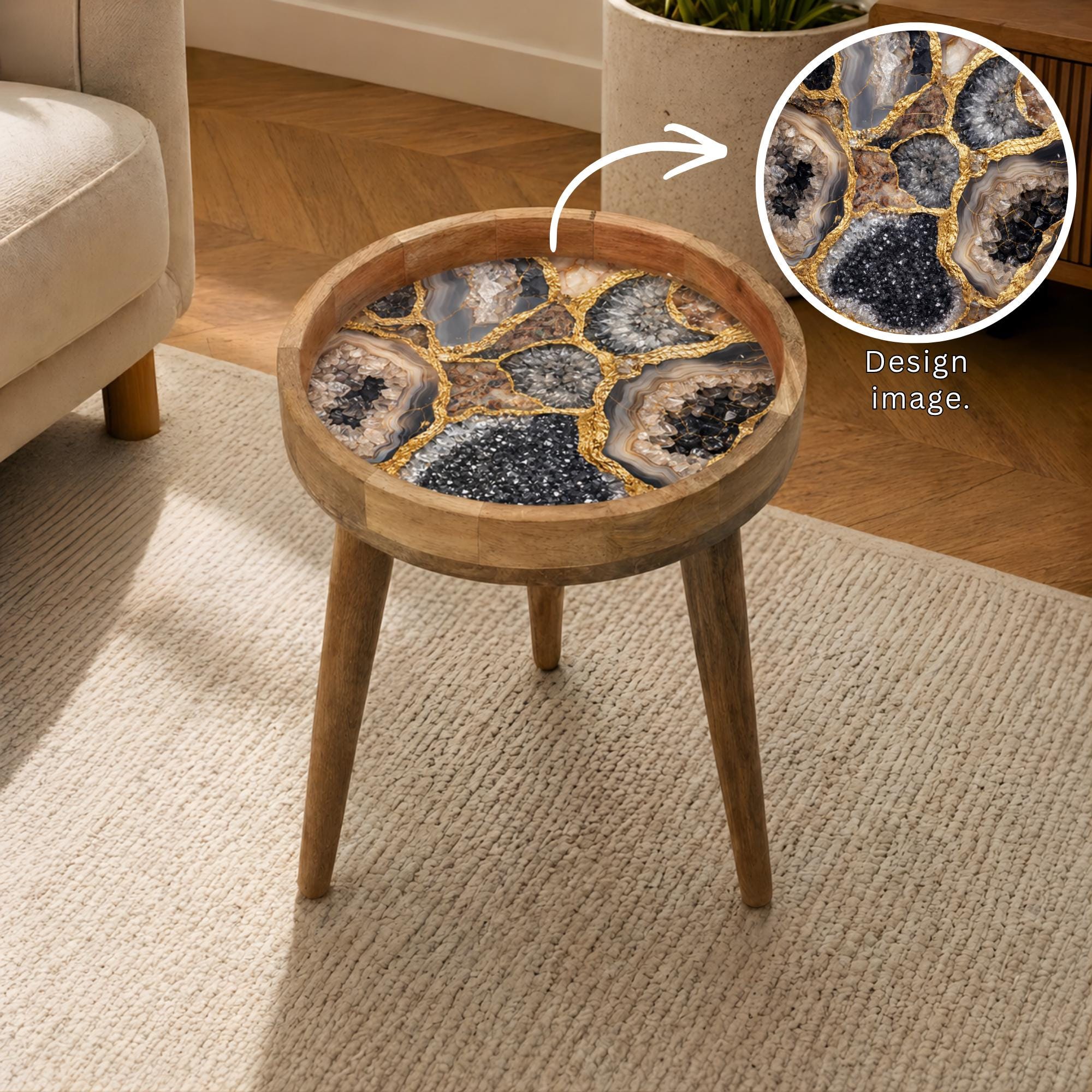 Handmade Mango Wood Side Table | Geode Crystal Print Round Accent Table