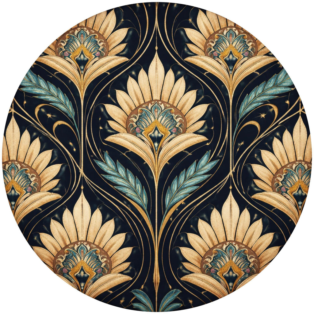 Handmade Mango Wood Side Table | Art Deco Floral Print | Round Vintage Accent Table