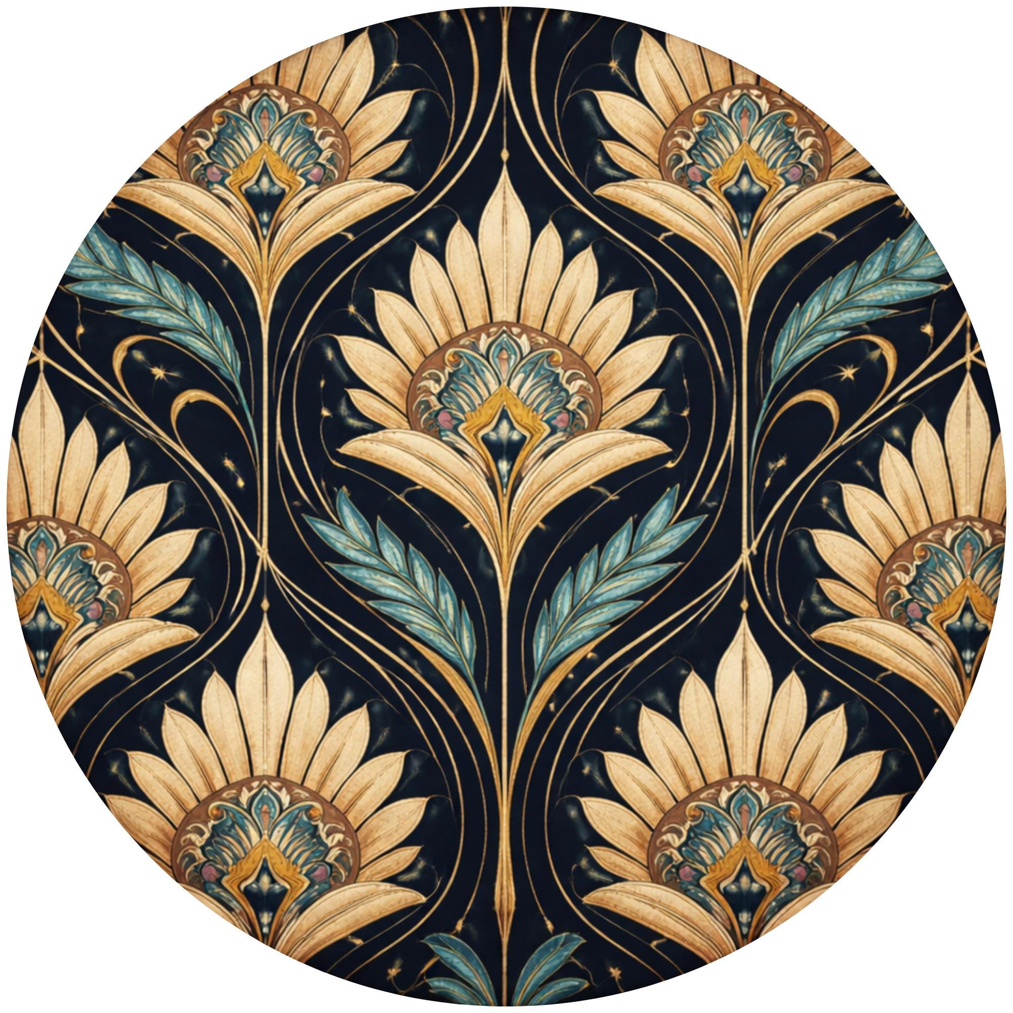 Handmade Mango Wood Side Table | Art Deco Floral Print | Round Vintage Accent Table