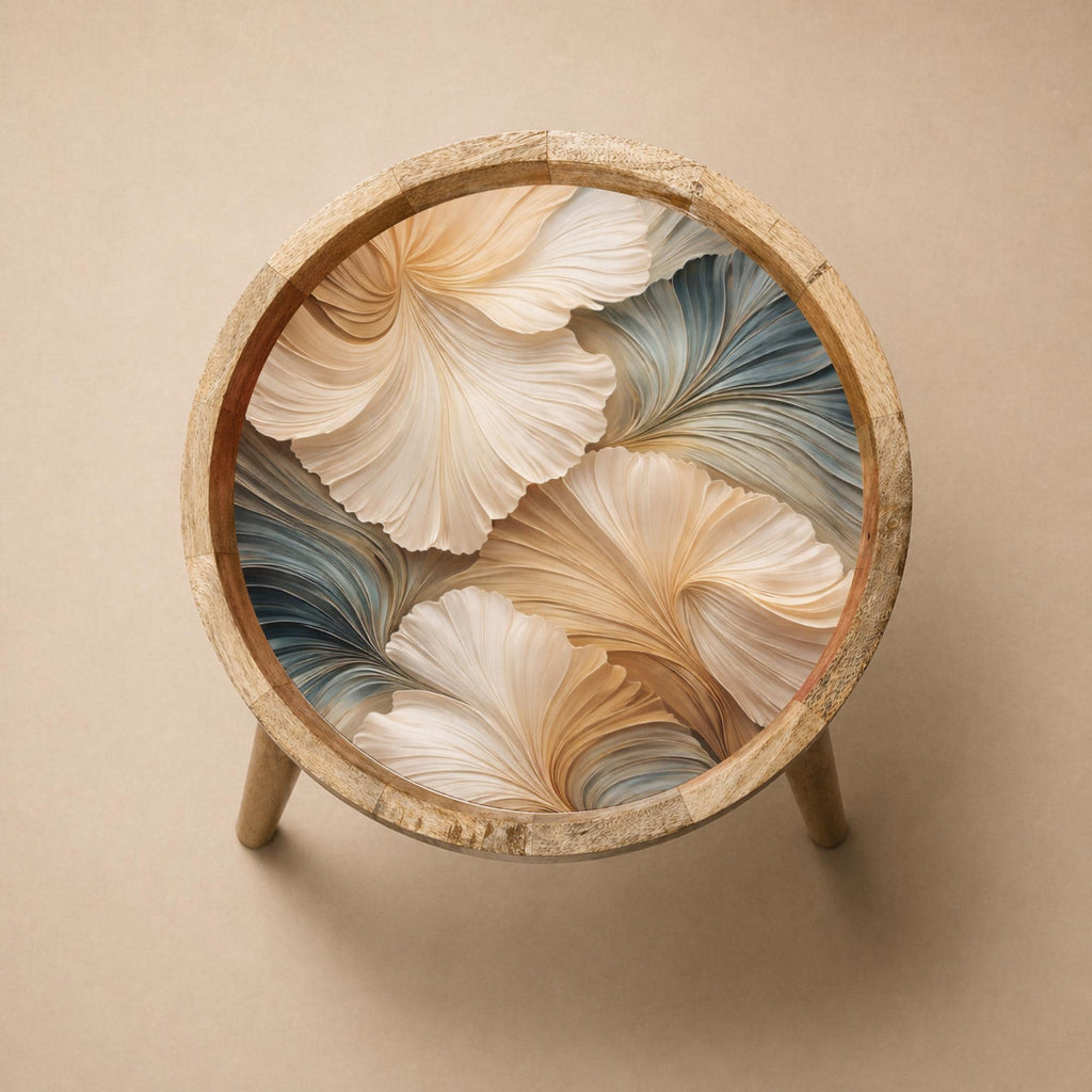 Handmade Mango Wood Side Table | Abstract Botanical Print | Round Accent Table
