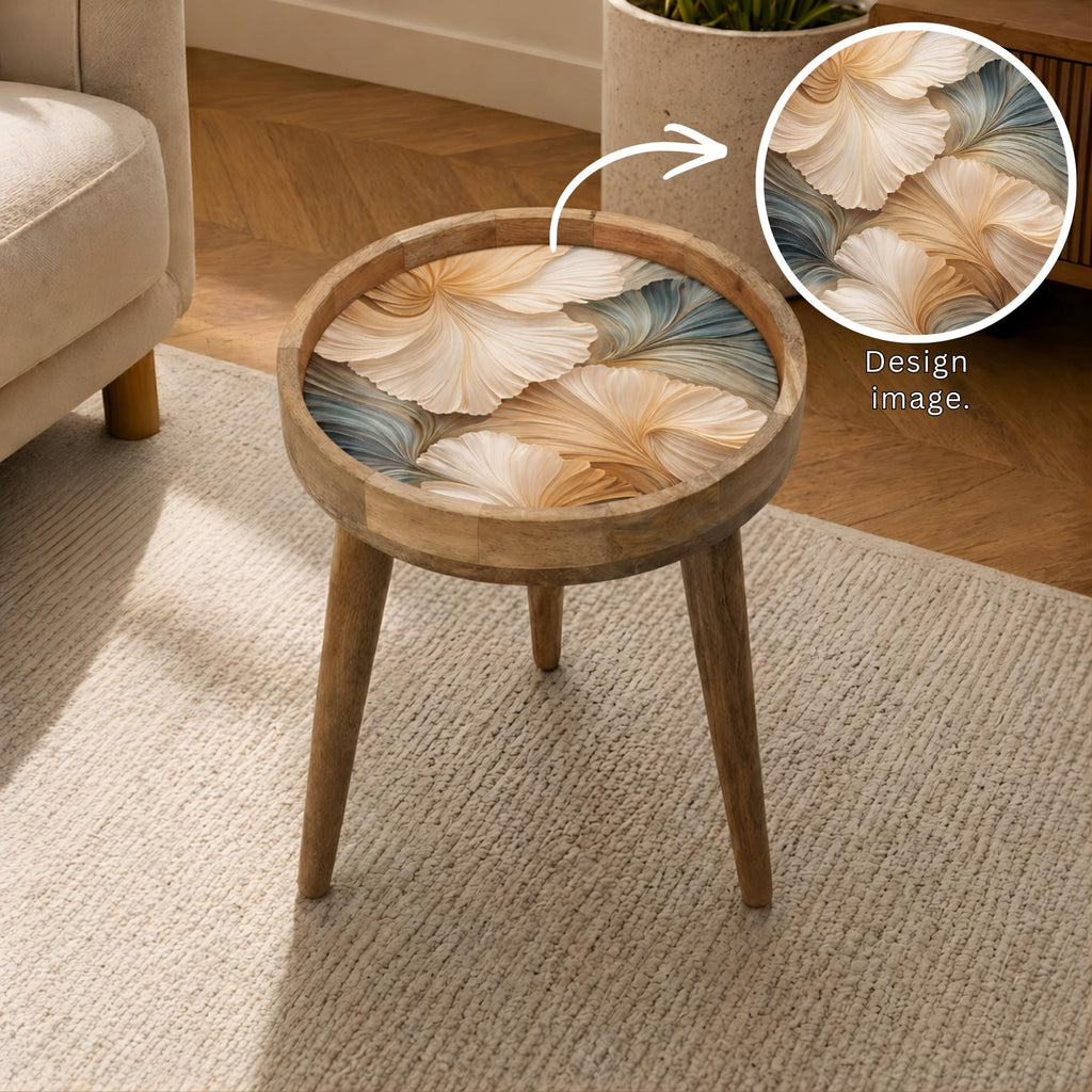 Handmade Mango Wood Side Table | Abstract Botanical Print | Round Accent Table
