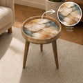 Handmade Mango Wood Side Table | Abstract Botanical Print | Round Accent Table