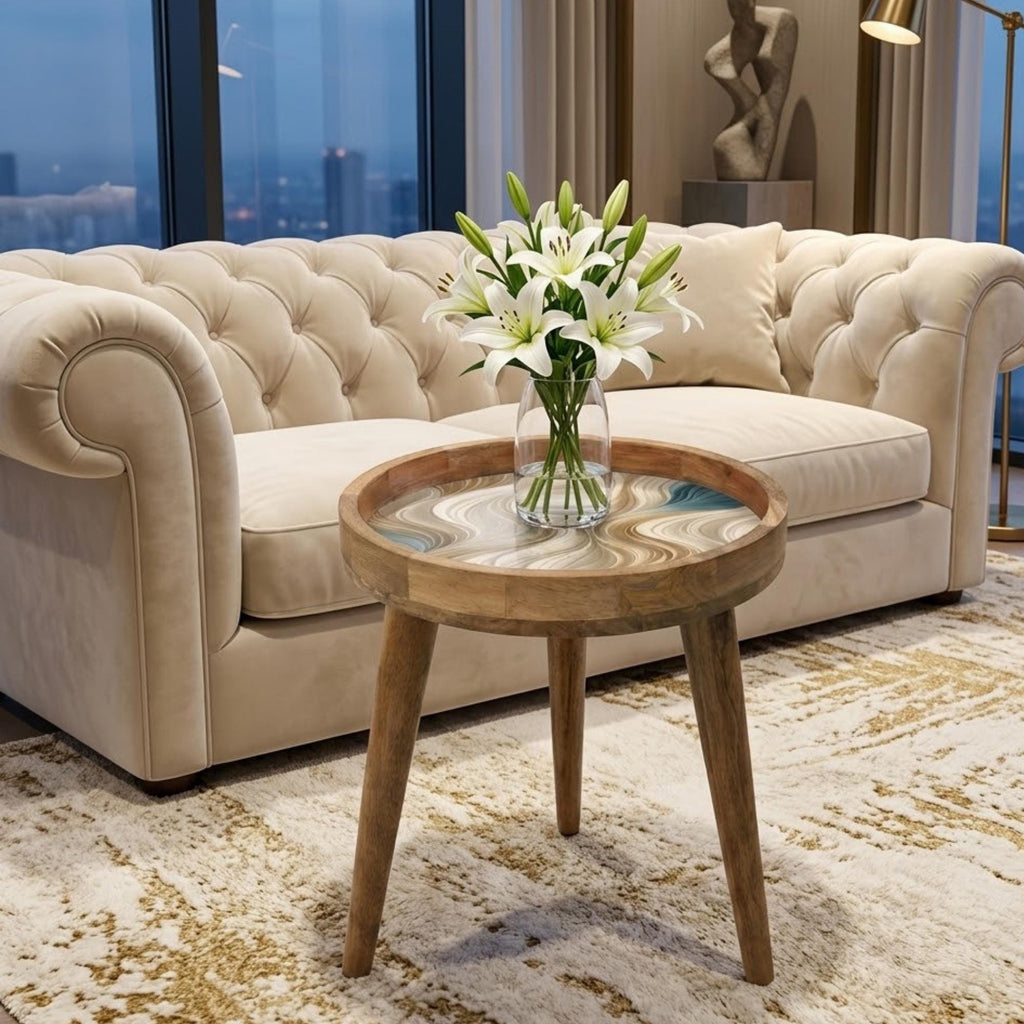 Handmade Mango Wood Side Table | Neutral Swirl Print Accent Table
