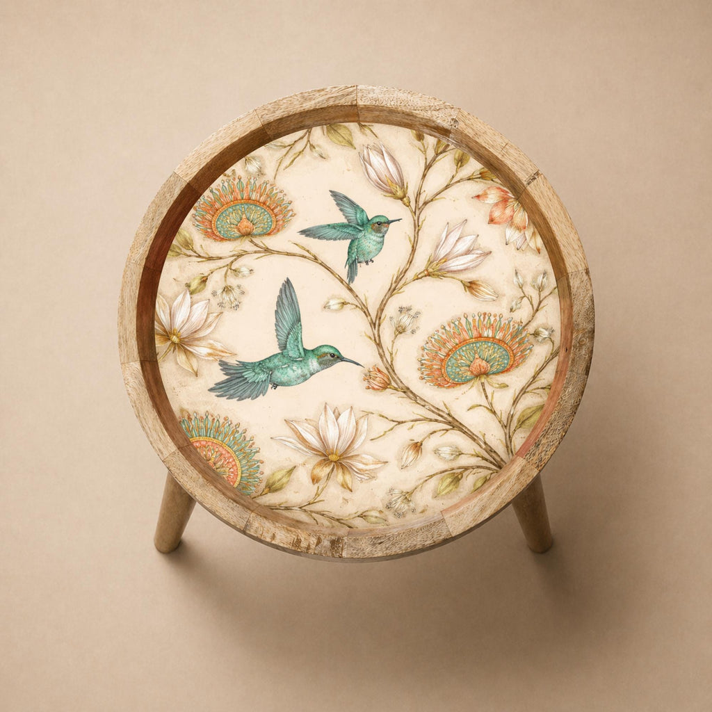 Handmade Mango Wood Side Table | Hummingbird Floral Botanical Accent Table