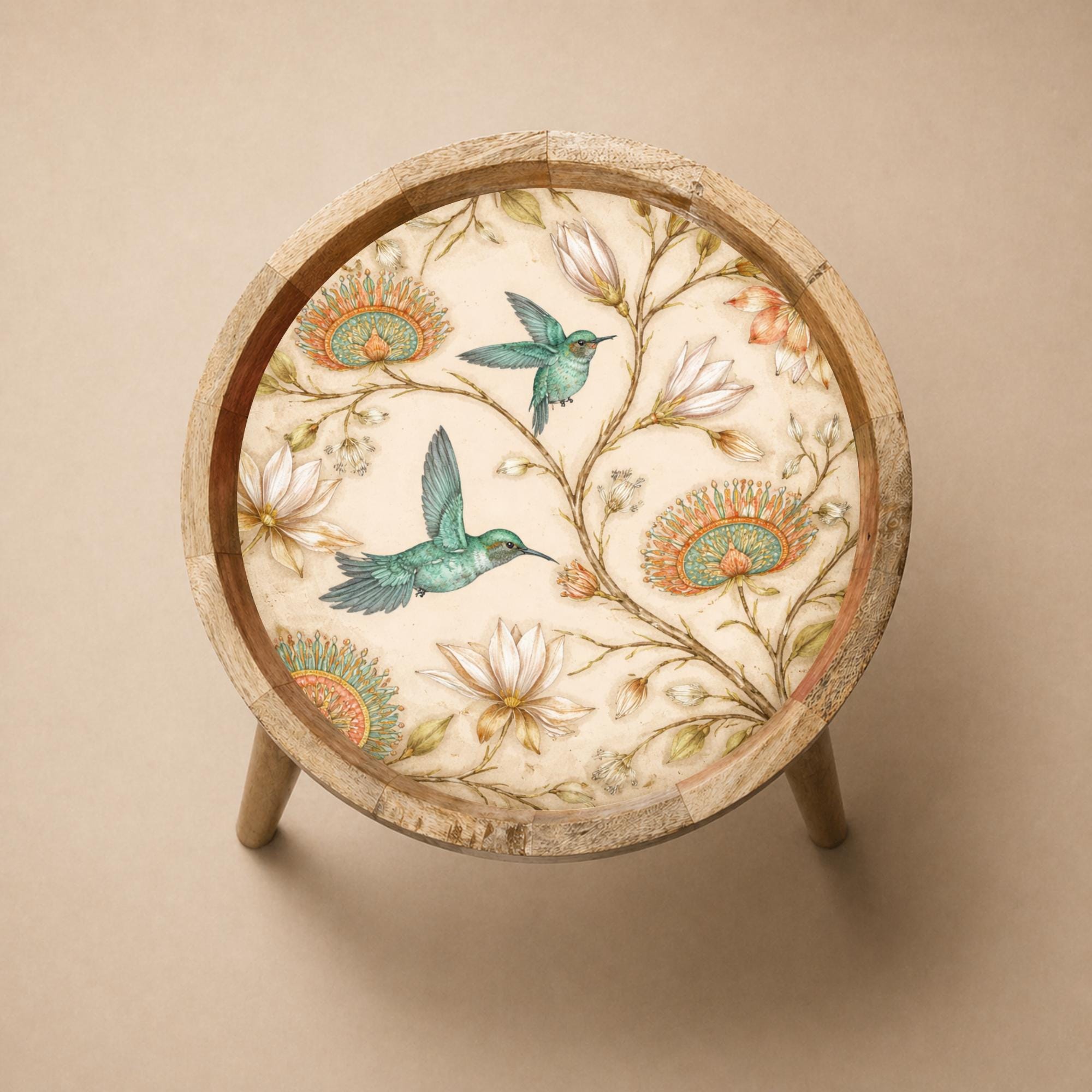 Handmade Mango Wood Side Table | Hummingbird Floral Botanical Accent Table