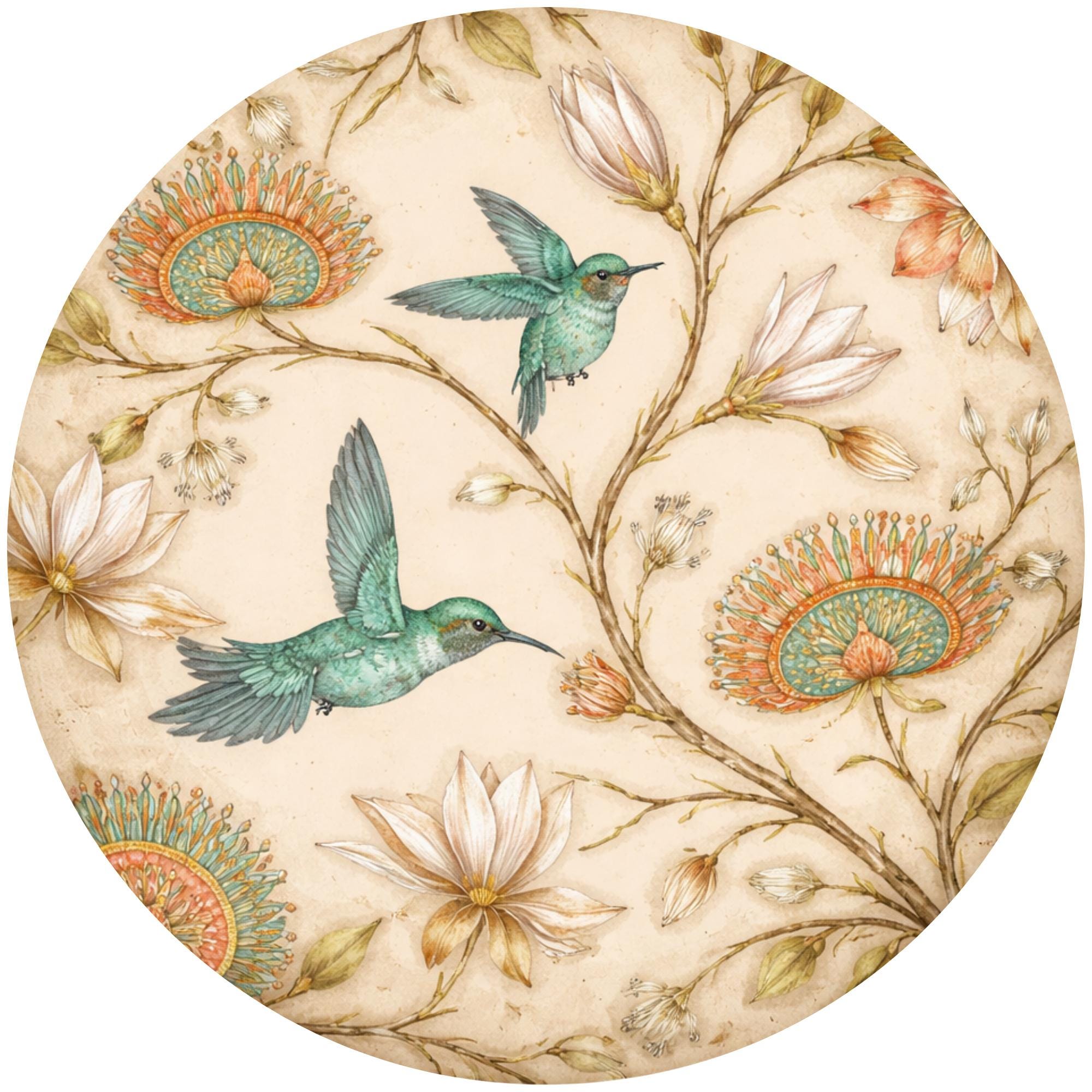 Handmade Mango Wood Side Table | Hummingbird Floral Botanical Accent Table