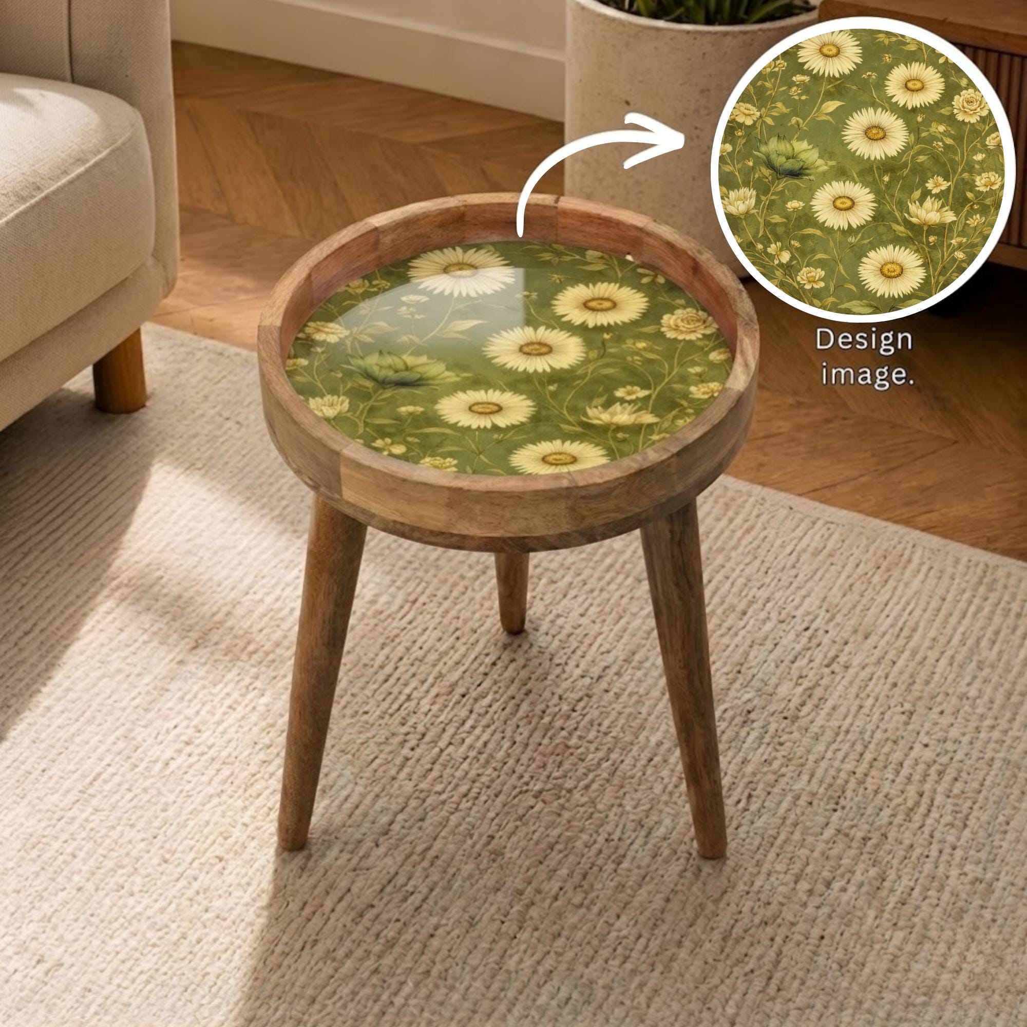 Daisy Floral Mango Wood Side Table | Green Botanical Round Accent Table