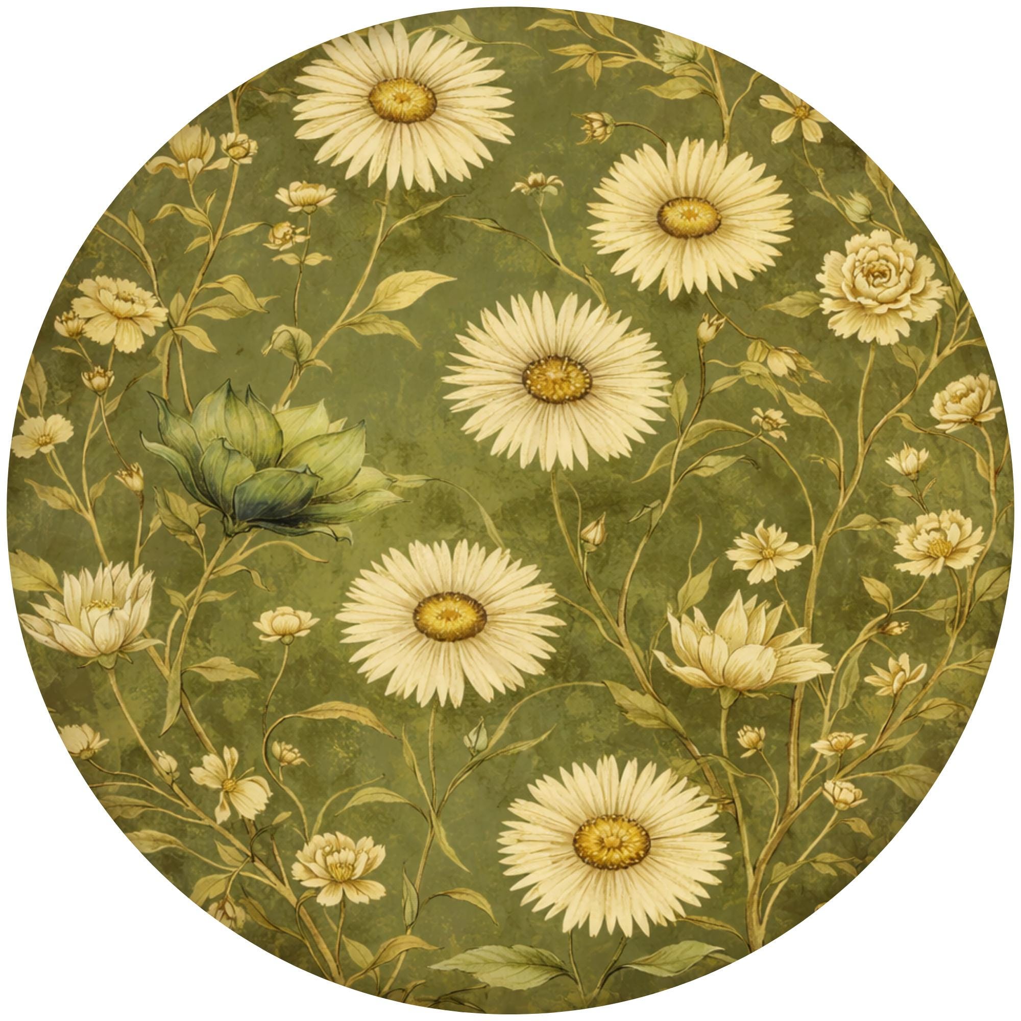 Daisy Floral Mango Wood Side Table | Green Botanical Round Accent Table