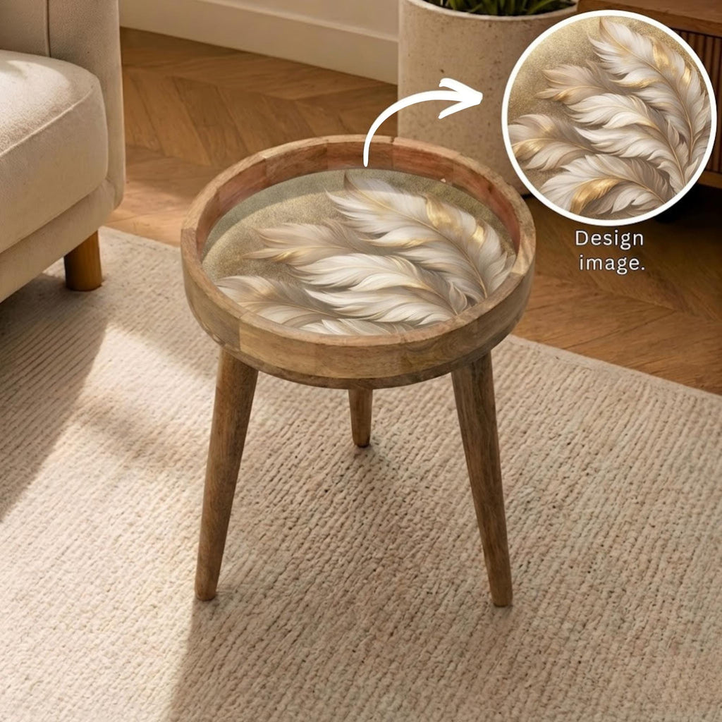 Handmade Mango Wood Side Table | Feather Print Round Accent Boho Decor