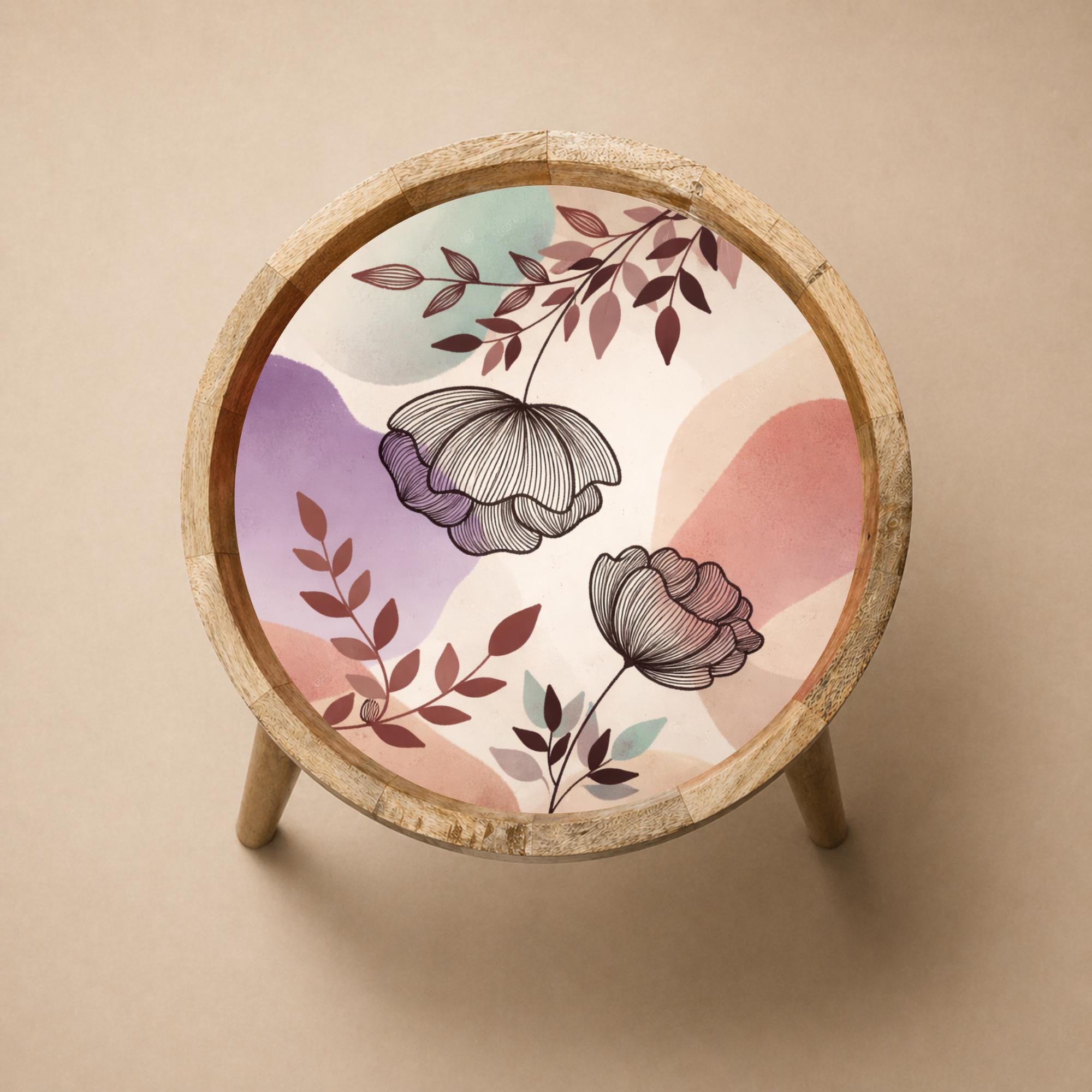 Handmade Mango Wood Side Table | Pastel Floral Print Accent Table