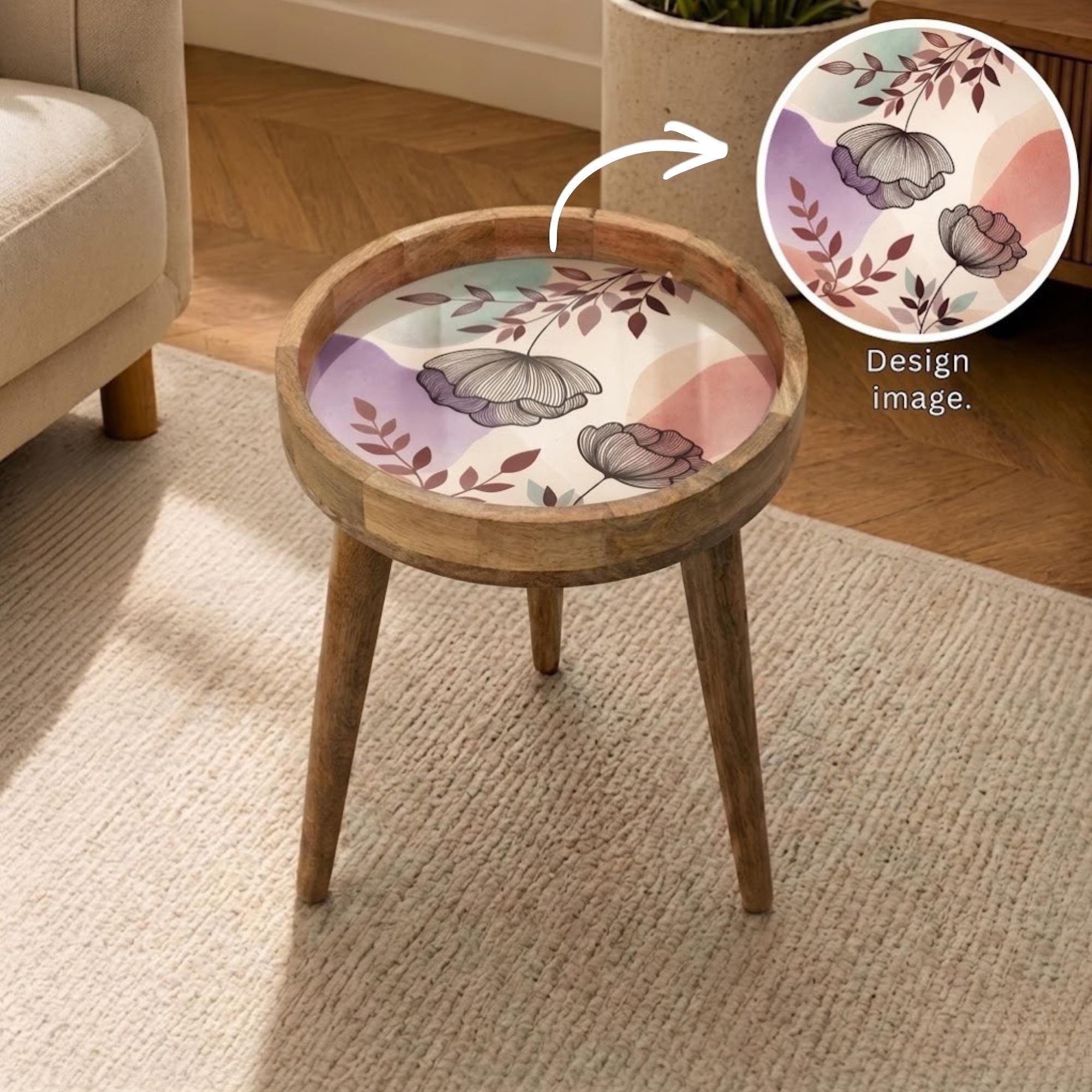 Handmade Mango Wood Side Table | Pastel Floral Print Accent Table