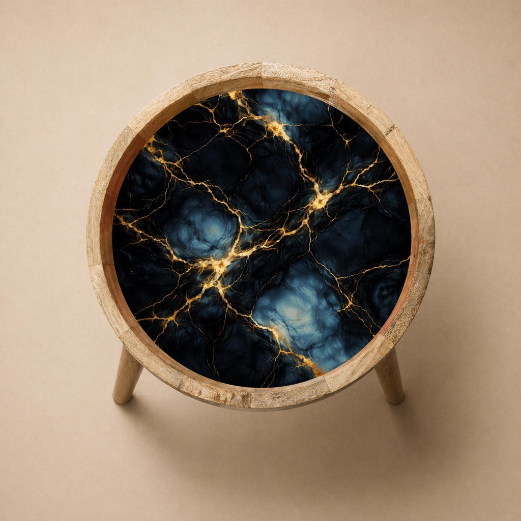 Handmade Mango Wood Side Table | Marble Effect Print, Round Accent Furniture