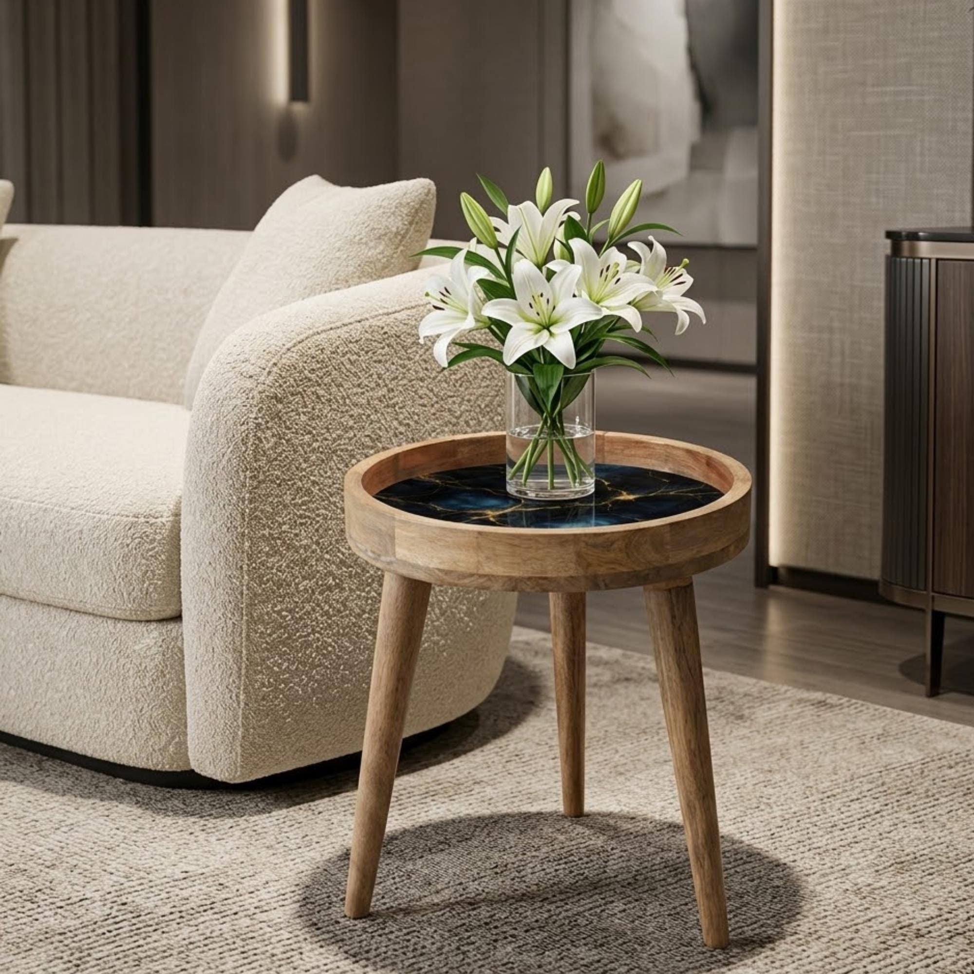 Handmade Mango Wood Side Table | Marble Effect Print, Round Accent Furniture