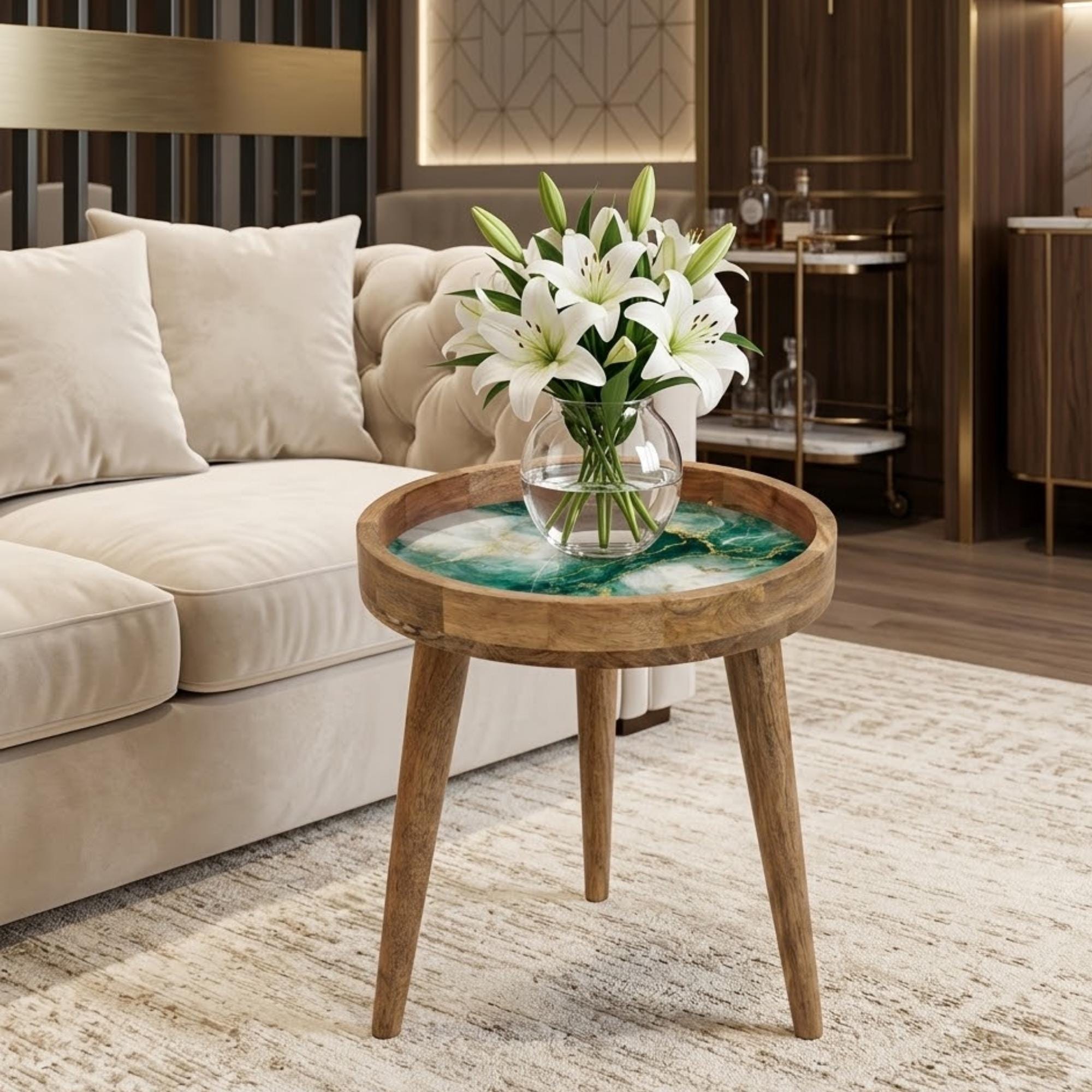 Handcrafted Mango Wood Side Table | Green Marble Effect, Gold Veining Accent Table