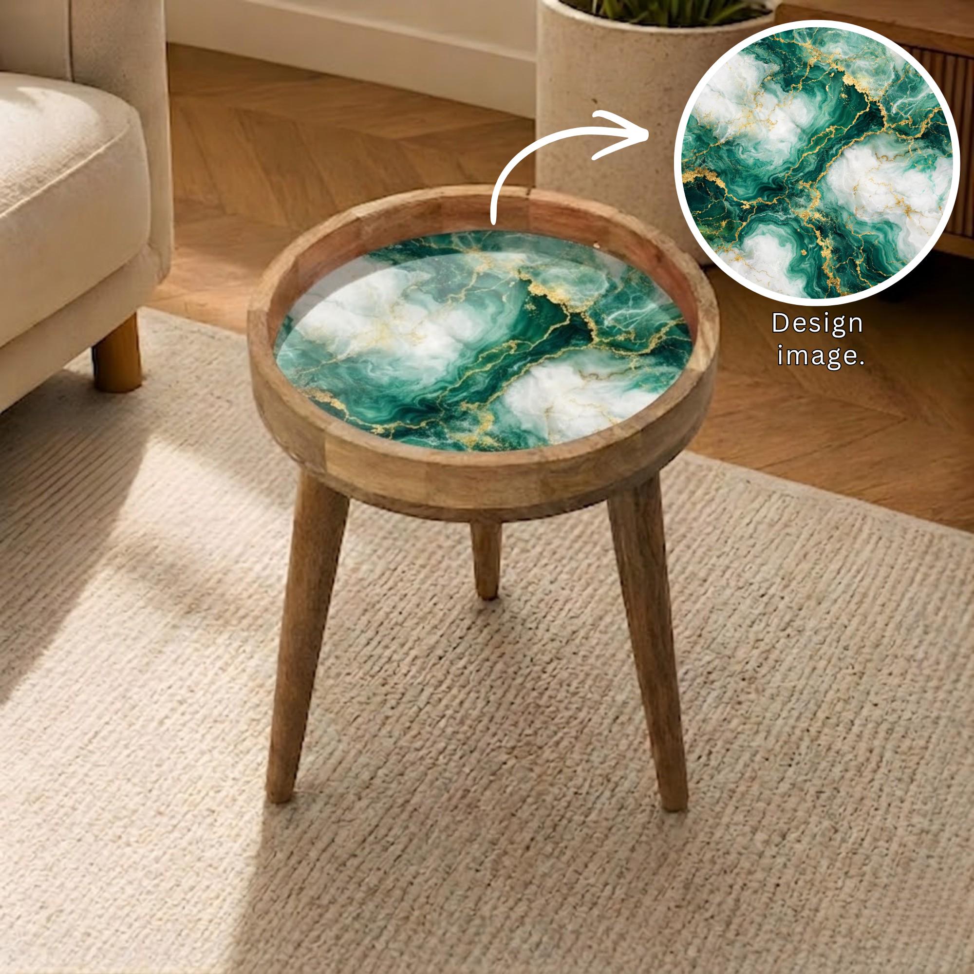 Handcrafted Mango Wood Side Table | Green Marble Effect, Gold Veining Accent Table