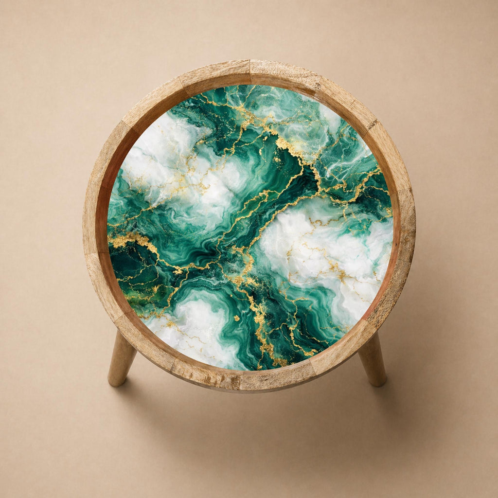 Handcrafted Mango Wood Side Table | Green Marble Effect, Gold Veining Accent Table